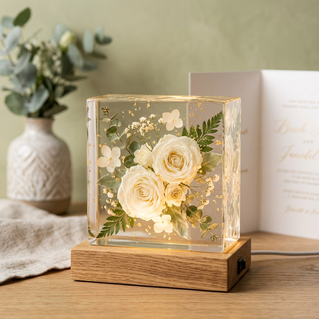 Khối Đèn Resin Đúc Hoa Cưới (Custom Resin & Clay Floral Light)